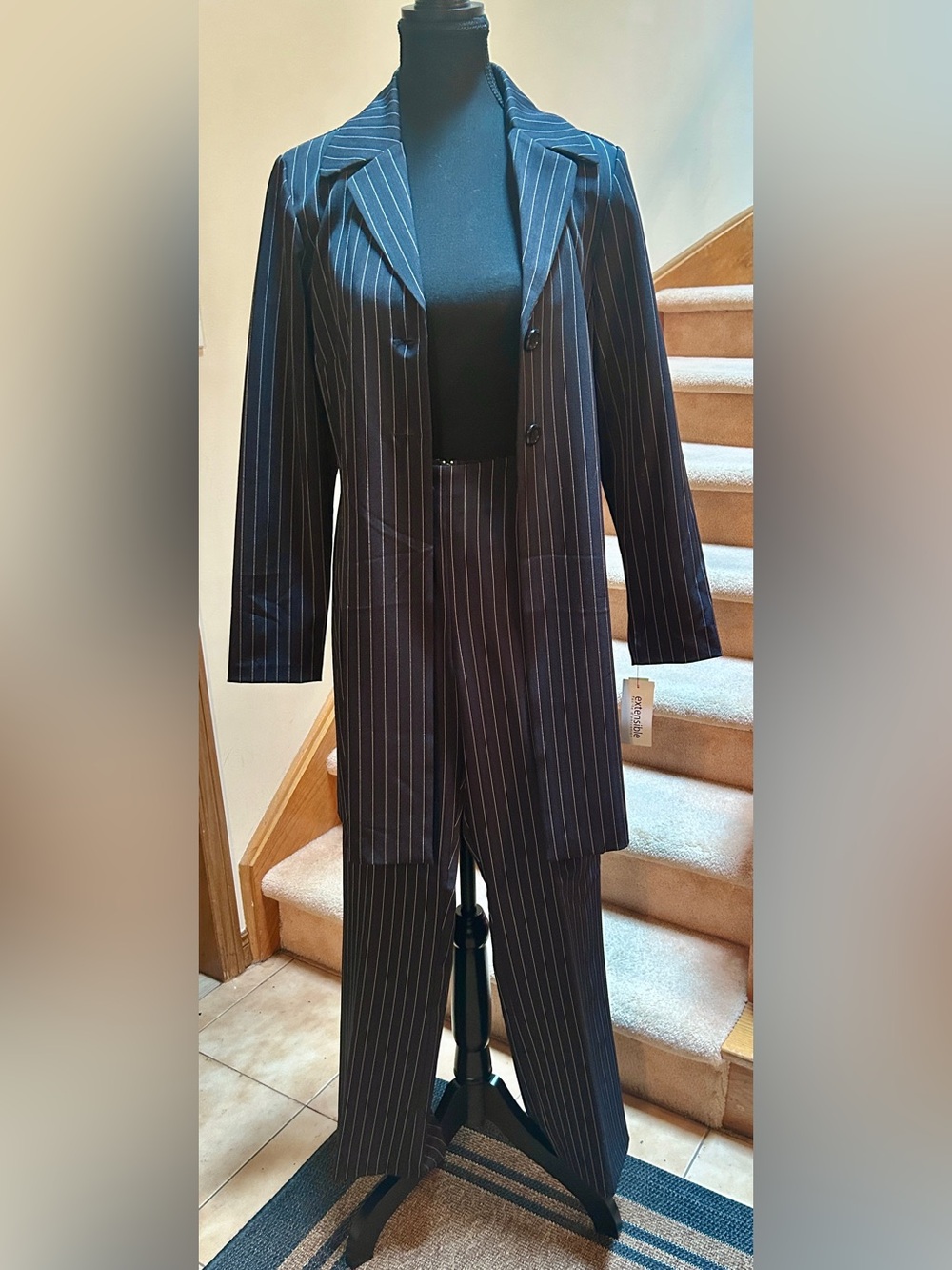 Women’s Pinstripe Suit, Longline Blazer & Wide-Leg Trousers Set, 1990s Vintage